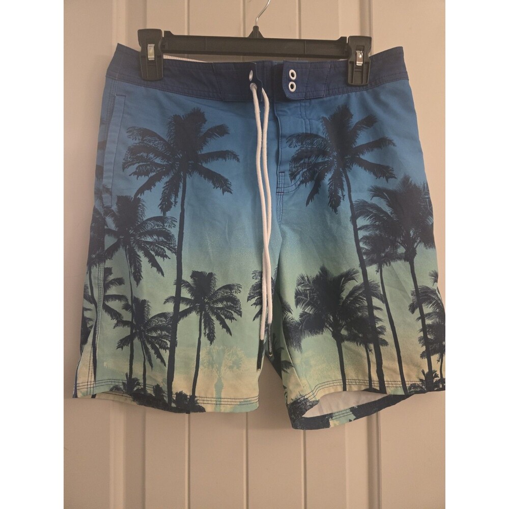American Eagle Mens Swim Trunks XS Tropical Palm Tree Board Shorts Blue 7.5"
